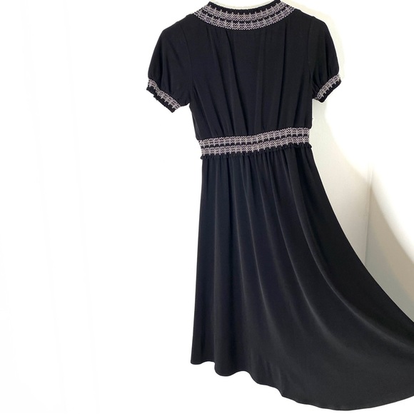 Talbots Black V-Neck White Embroidered Short Sleeve Midi Dress - Picture 7 of 8